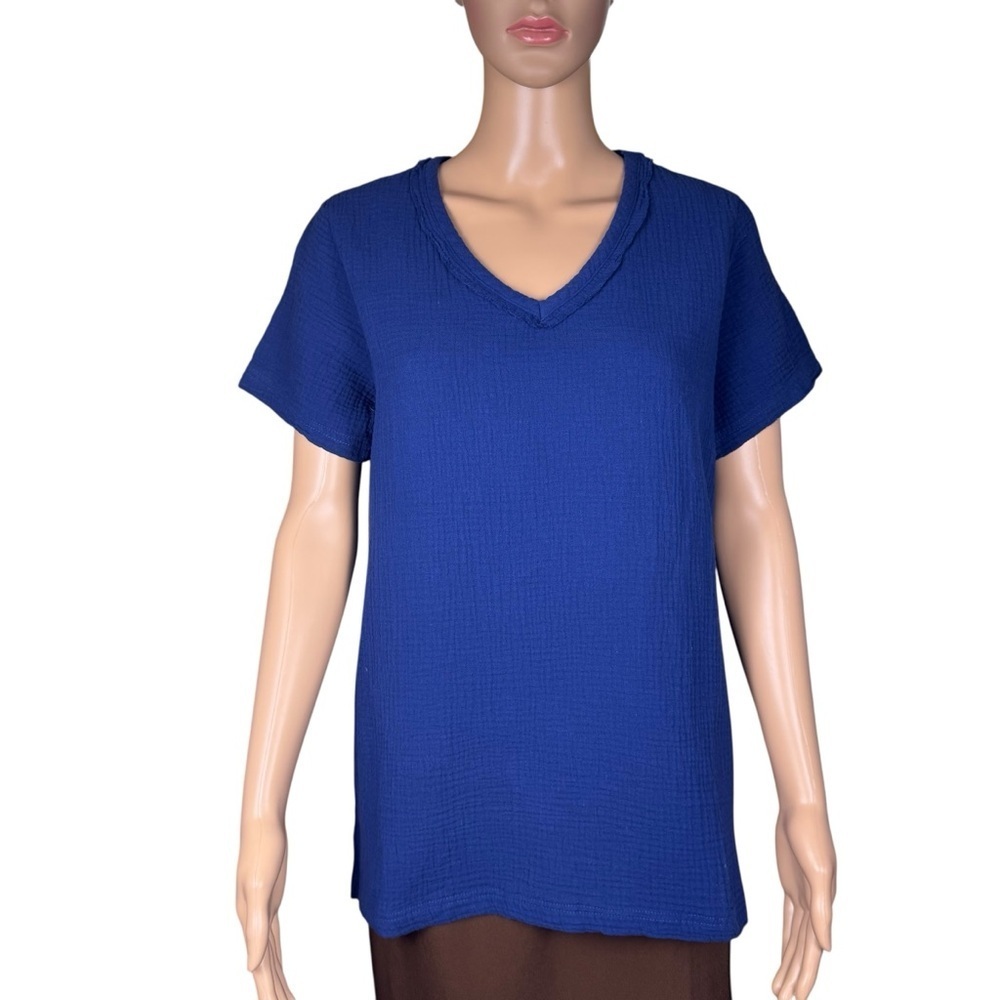 New Belle Beach by Kim Gravel Gauze V-Neck Nautical Navy Cotton Top Size XS - Picture 2 of 10